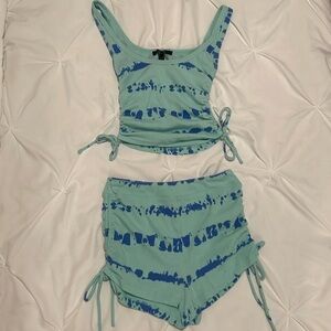 Forever 21 Blue Tie Dye Ribbed Crop Tank & Shorts Matching Set